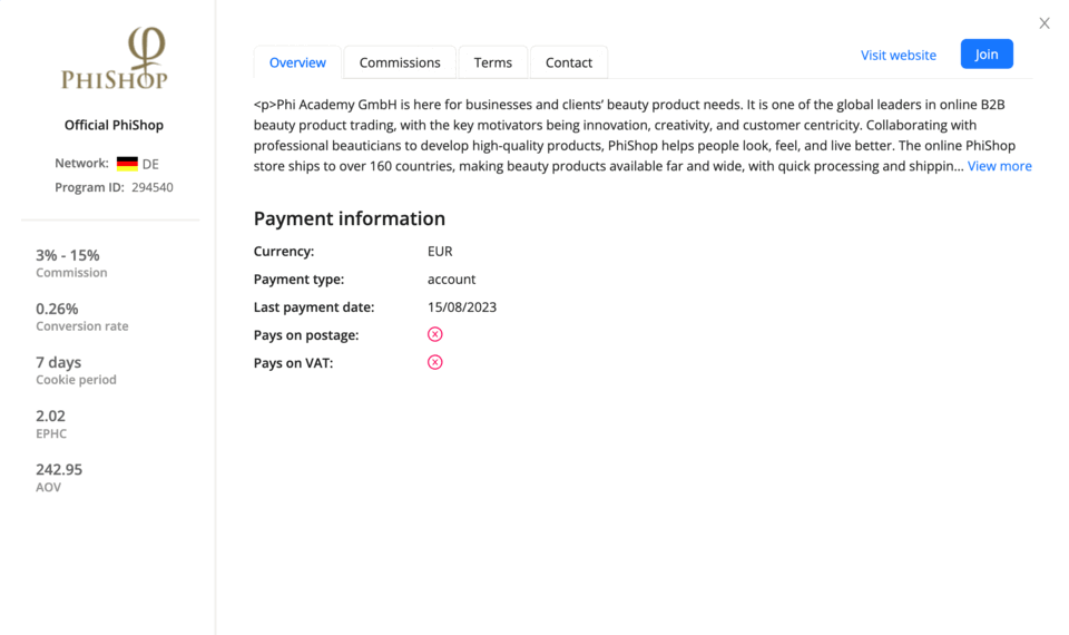 Webgains Program Seite
