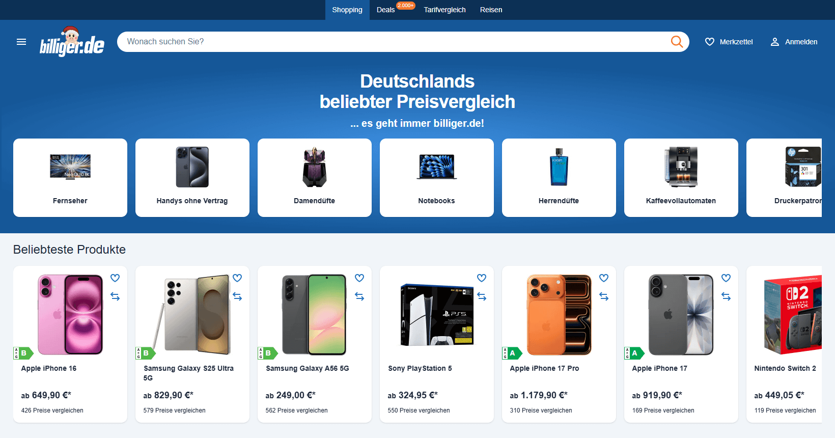 Interface de la page principale de Billiger.de