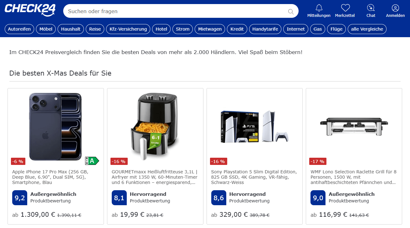 Interface de la page principale de Check24.de