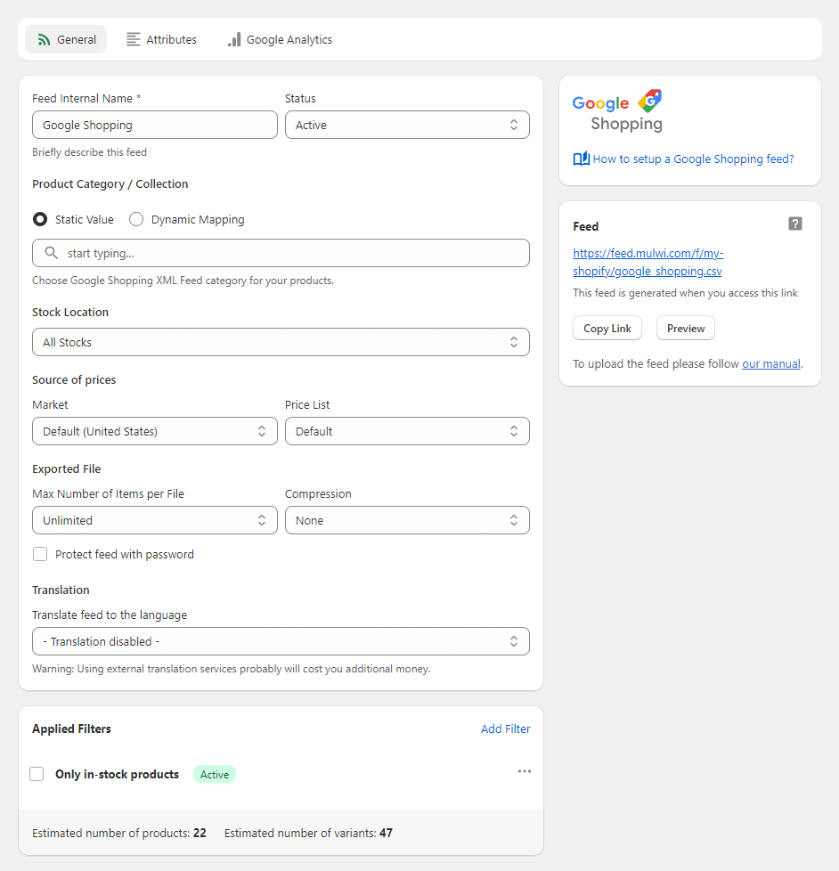 feed general tab