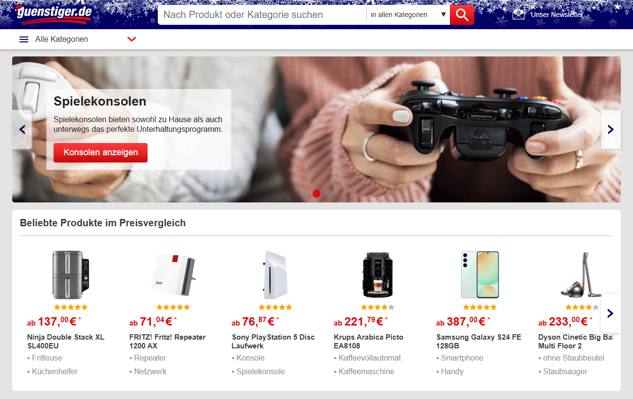 Interface de la page principale de Guenstiger.de