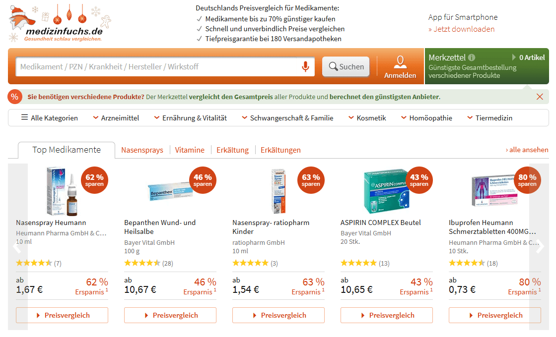 Interface de la page principale de Medizinfuchs.de