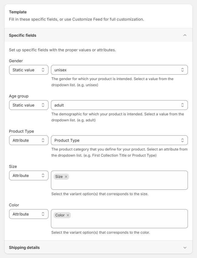 How to fill out required attributes in Pinterest feed