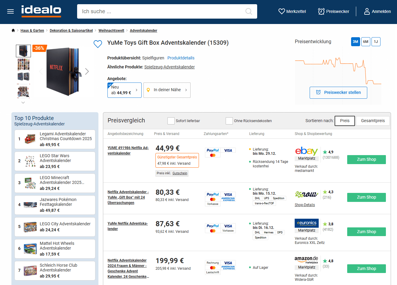 Page de liste de produits sur un site de comparaison de prix