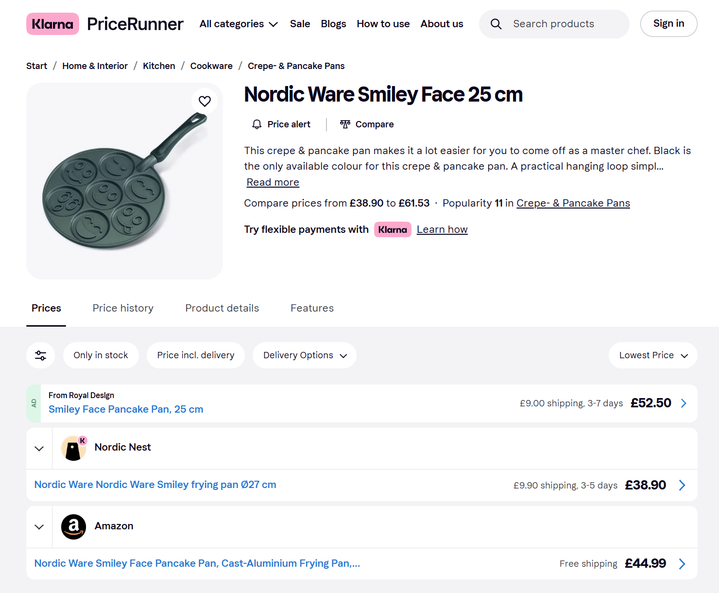 Produktlistungsseite auf einer Preisvergleichswebsite