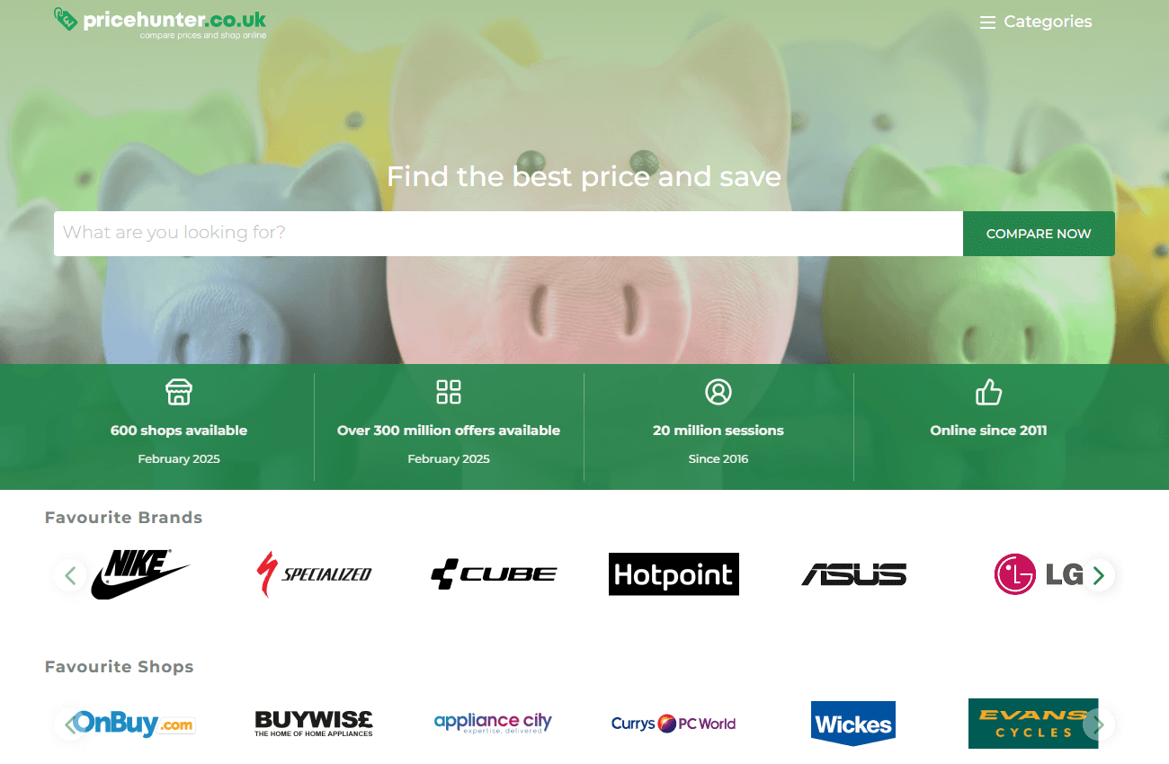 Pricehunter.co.uk Hauptseiten-Oberfläche