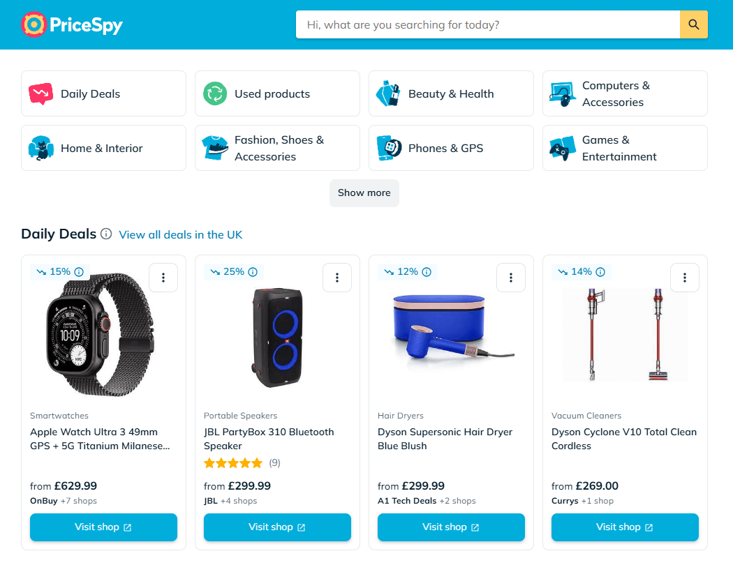 PriceSpy.co.uk Hauptseiten-Oberfläche
