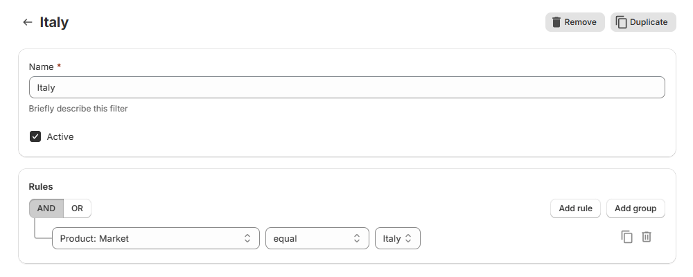 Mulwi half Tannico, Produktfilter für verschiedene Märkte und Vertriebskanäle zu erstellen