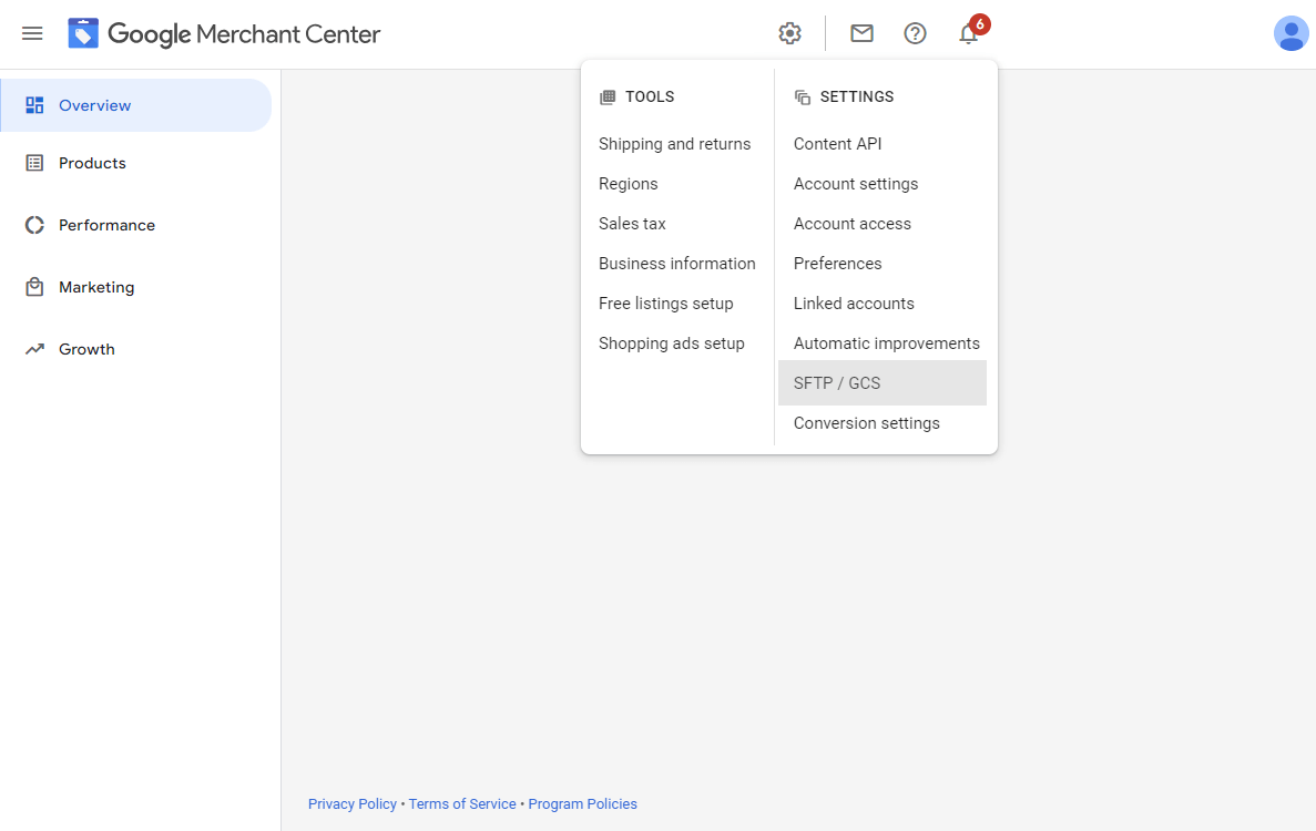 settings dropdown