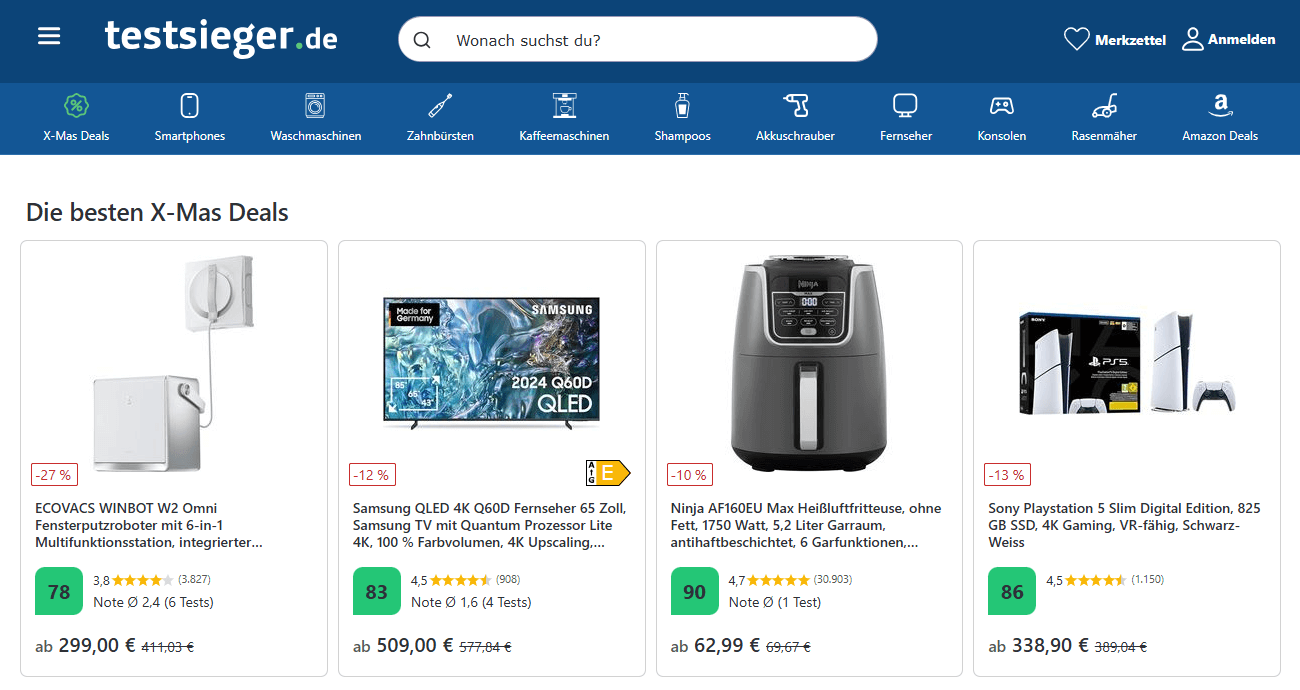 Interface de la page principale de Testsieger.de