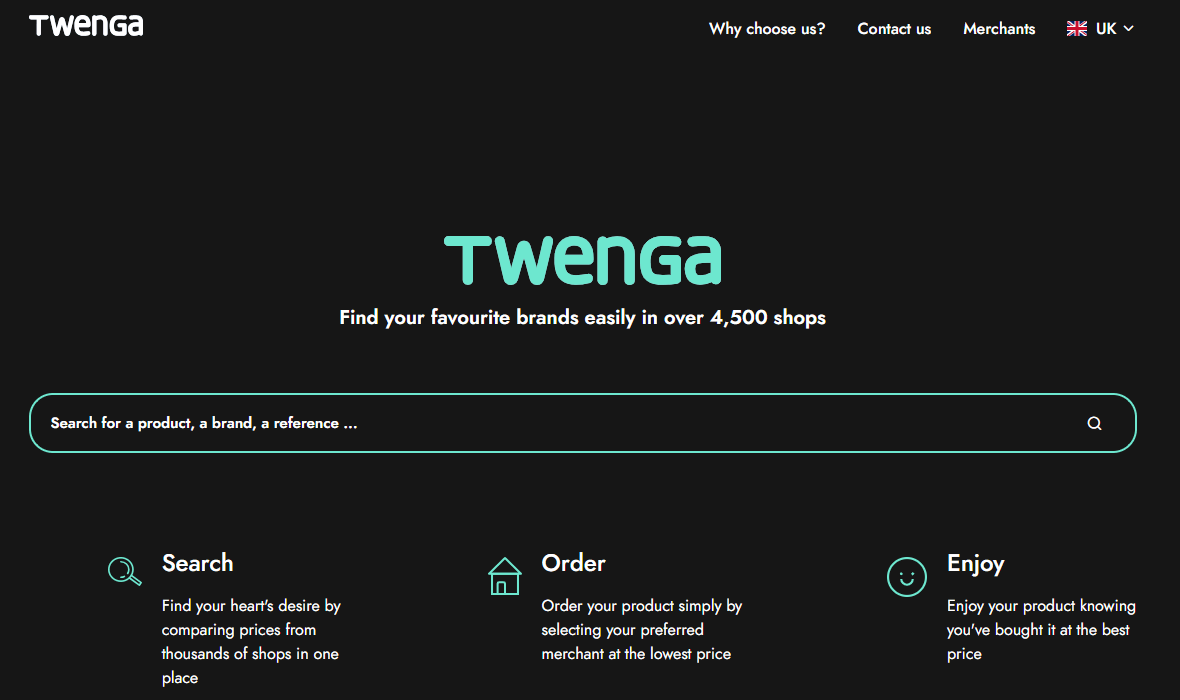 Twenga.co.uk Hauptseiten-Oberfläche