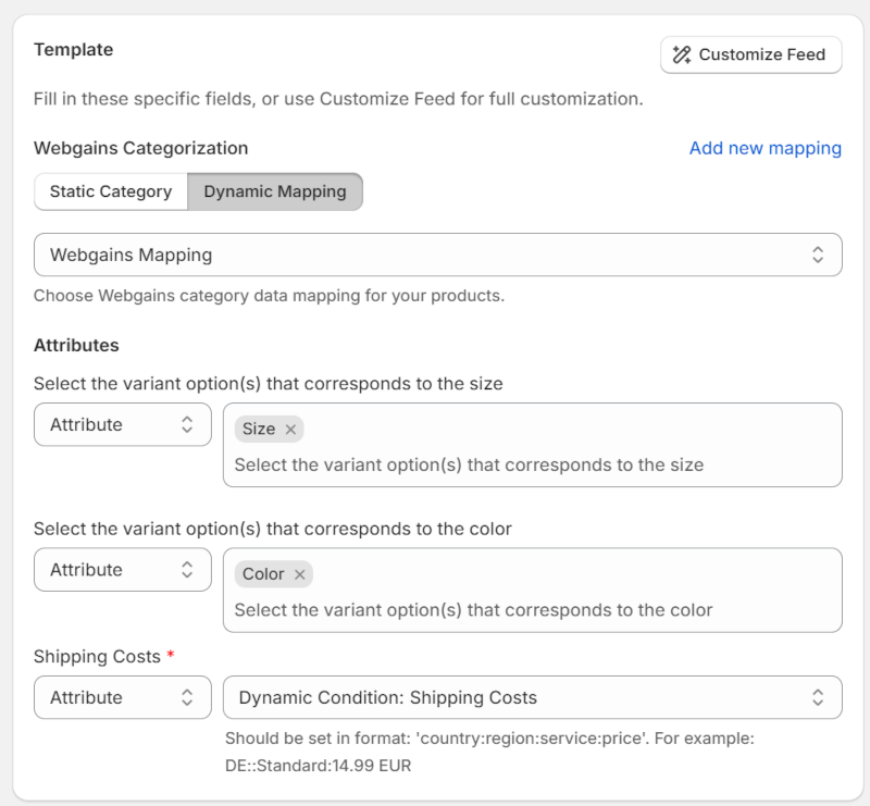 Webgains Feed Vorlage