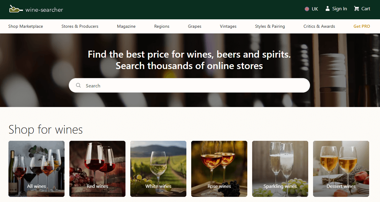 Wine-Searcher Hauptseiten-Oberfläche